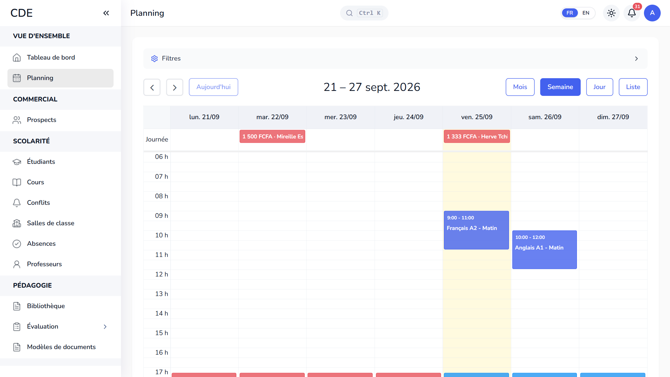 Planning de la semaine